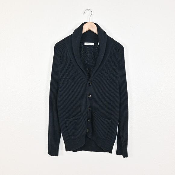 Sandro Paris Men's Shawl Collar Cardigan Sweater Heavy cotton knit Navy Small - Picture 1 of 8